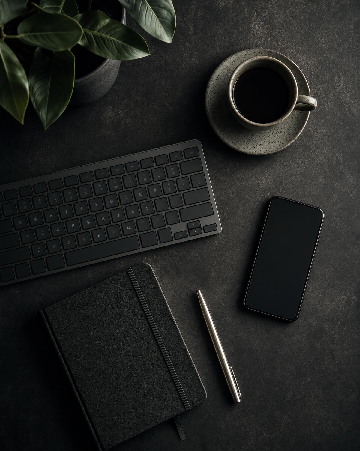 Professional dark desk workspace with keyboard, coffee, phone and notebook